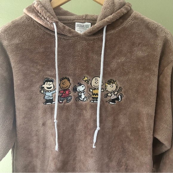 Peanuts Charlie Brown Friends Fleece Warm Embroidery Brown Crop Hood M - Picture 1 of 8